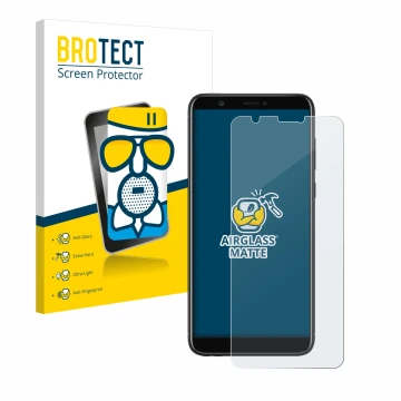 Front side of a product packaging with the brand logo BROTECT. Next to it is the device Huawei P smart 2018 shown with the cor