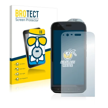 Front side of a product packaging with the brand logo BROTECT. Next to it is the device Caterpillar Cat S61 shown with the cor