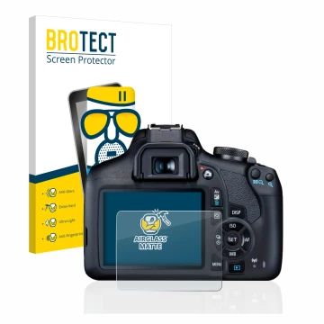 Front side of a product packaging with the brand logo BROTECT. Next to it is the device Canon EOS 2000D shown with the corresp