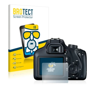 Front side of a product packaging with the brand logo BROTECT. Next to it is the device Canon EOS 4000D shown with the corresp