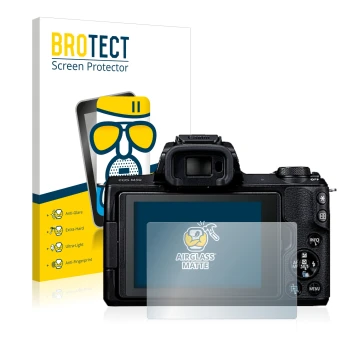 Front side of a product packaging with the brand logo BROTECT. Next to it is the device Canon EOS M50 shown with the correspon