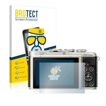 Front side of a product packaging with the brand logo BROTECT. Next to it is the device Olympus PEN E-PL9 shown with the corre