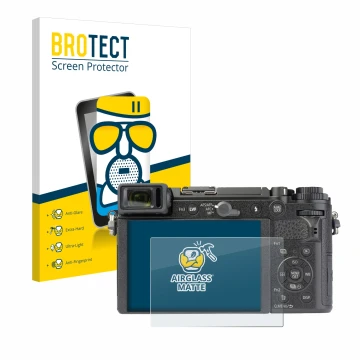 Front side of a product packaging with the brand logo BROTECT. Next to it is the device Panasonic Lumix DC-GX9 shown with the 