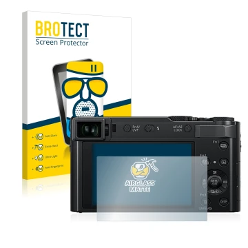 Front side of a product packaging with the brand logo BROTECT. Next to it is the device Panasonic Lumix DC-TZ202 shown with th