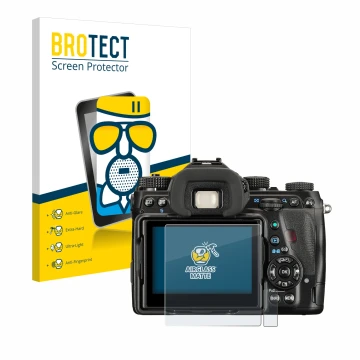 Front side of a product packaging with the brand logo BROTECT. Next to it is the device Pentax K-1 Mark II shown with the corr