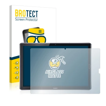 Front side of a product packaging with the brand logo BROTECT. Next to it is the device Huawei MediaPad M5 10.8 shown with the