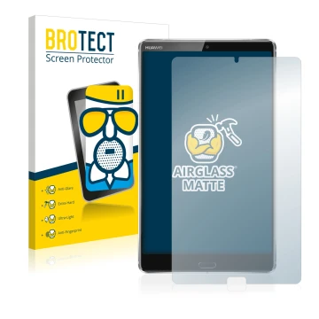Front side of a product packaging with the brand logo BROTECT. Next to it is the device Huawei MediaPad M5 8.4 shown with the 