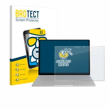 Front side of a product packaging with the brand logo BROTECT. Next to it is the device Microsoft Surface Book 2 15