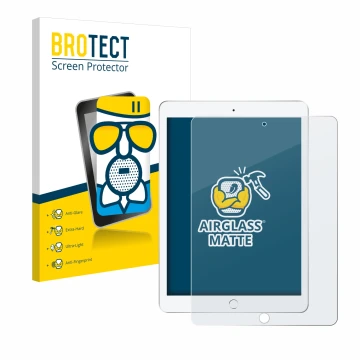 Front side of a product packaging with the brand logo BROTECT. Next to it is the device Apple iPad 9.7