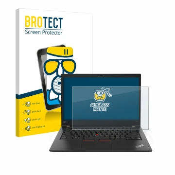 Front side of a product packaging with the brand logo BROTECT. Next to it is the device Lenovo ThinkPad T480s shown with the c