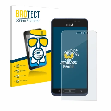 Front side of a product packaging with the brand logo BROTECT. Next to it is the device Doro 8035 shown with the corresponding