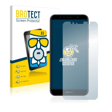 Front side of a product packaging with the brand logo BROTECT. Next to it is the device Huawei Y6 2018 shown with the correspo