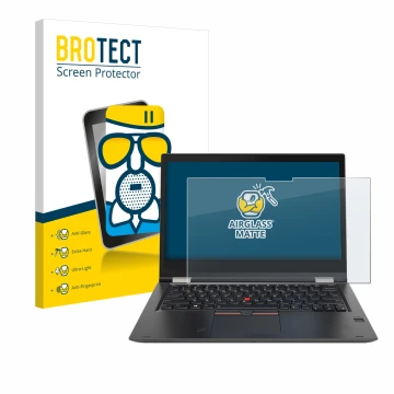 Front side of a product packaging with the brand logo BROTECT. Next to it is the device Lenovo ThinkPad Yoga X380 shown with t