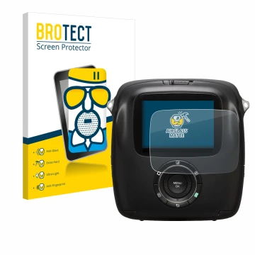 Front side of a product packaging with the brand logo BROTECT. Next to it is the device Fujifilm Instax Square SQ10 shown with