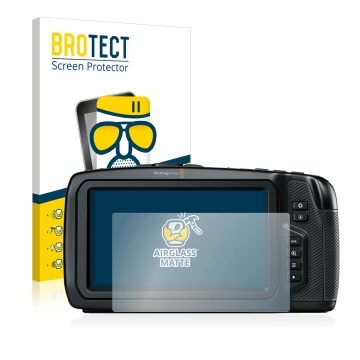 Front side of a product packaging with the brand logo BROTECT. Next to it is the device Blackmagic Pocket Cinema Camera 4K sho