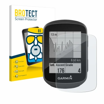 Front side of a product packaging with the brand logo BROTECT. Next to it is the device Garmin Edge 130 shown with the corresp