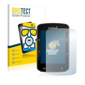 Front side of a product packaging with the brand logo BROTECT. Next to it is the device Garmin Edge 520 Plus shown with the co