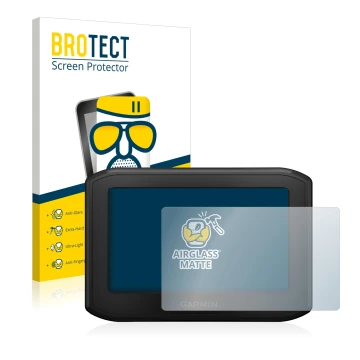 Front side of a product packaging with the brand logo BROTECT. Next to it is the device Garmin zumo 396 LMT-S shown with the c