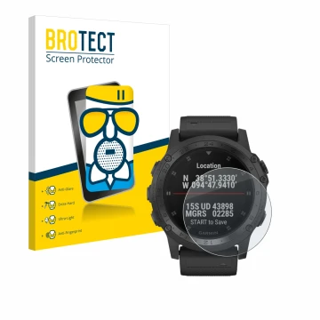 Front side of a product packaging with the brand logo BROTECT. Next to it is the device Garmin Tactix Charlie shown with the c