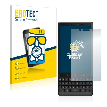 Front side of a product packaging with the brand logo BROTECT. Next to it is the device BlackBerry Key2 shown with the corresp