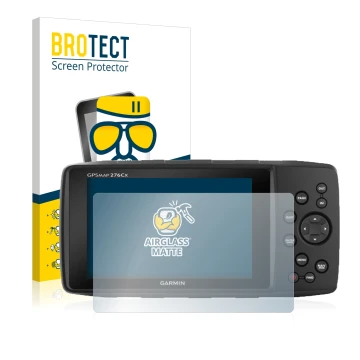 Front side of a product packaging with the brand logo BROTECT. Next to it is the device Garmin GPSMAP 276Cx shown with the cor