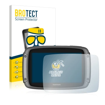 Front side of a product packaging with the brand logo BROTECT. Next to it is the device TomTom Rider 500 shown with the corres