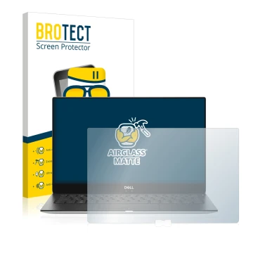 Front side of a product packaging with the brand logo BROTECT. Next to it is the device Dell XPS 13 9370 shown with the corres