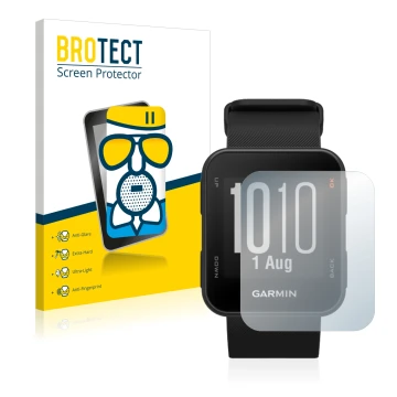 Front side of a product packaging with the brand logo BROTECT. Next to it is the device Garmin Approach S10 shown with the cor