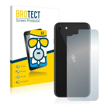 Front side of a product packaging with the brand logo BROTECT. Next to it is the device Apple iPhone SE 2 2020 (Back) shown wi