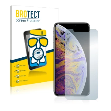 Front side of a product packaging with the brand logo BROTECT. Next to it is the device Apple iPhone Xs Max shown with the cor