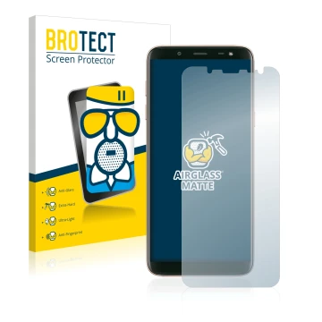 Front side of a product packaging with the brand logo BROTECT. Next to it is the device Samsung Galaxy J6 2018 shown with the 