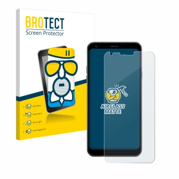 Front side of a product packaging with the brand logo BROTECT. Next to it is the device LG Q7 shown with the corresponding scr