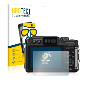 Front side of a product packaging with the brand logo BROTECT. Next to it is the device Panasonic Lumix DC-FT7 shown with the 