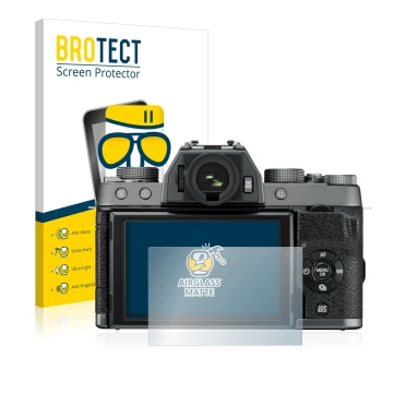 Front side of a product packaging with the brand logo BROTECT. Next to it is the device Fujifilm X-T100 shown with the corresp