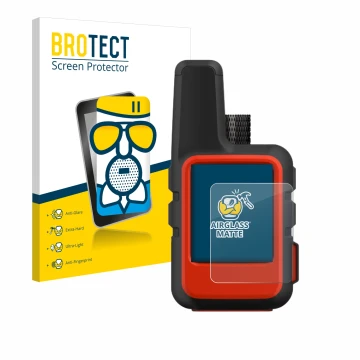 Front side of a product packaging with the brand logo BROTECT. Next to it is the device Garmin inReach Mini shown with the cor