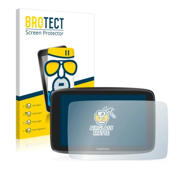 Front side of a product packaging with the brand logo BROTECT. Next to it is the device TomTom GO Camper shown with the corres