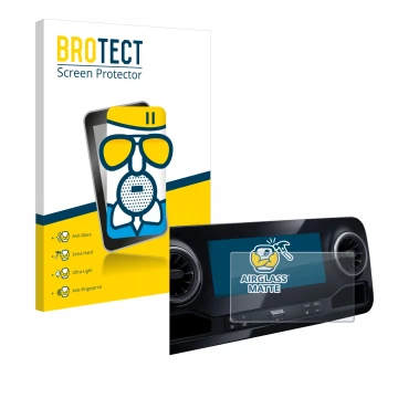 Front side of a product packaging with the brand logo BROTECT. Next to it is the device Mercedes-Benz Sprinter 2018 MBUX 7