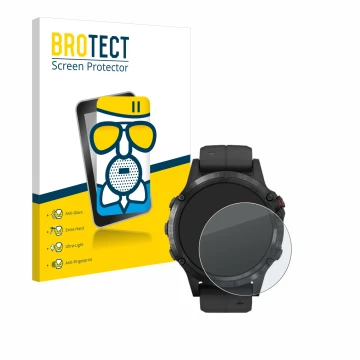 Front side of a product packaging with the brand logo BROTECT. Next to it is the device Garmin Fenix 5 Plus (47 mm) shown with