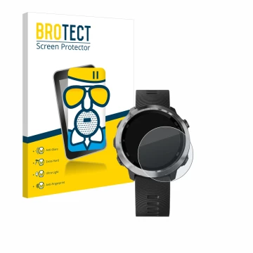 Front side of a product packaging with the brand logo BROTECT. Next to it is the device Garmin Forerunner 645 Music shown with