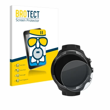 Front side of a product packaging with the brand logo BROTECT. Next to it is the device Suunto 9 shown with the corresponding 