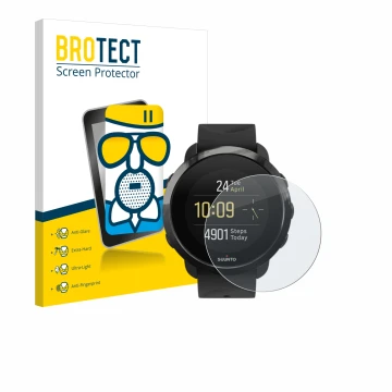 Front side of a product packaging with the brand logo BROTECT. Next to it is the device Suunto 3 Fitness shown with the corres