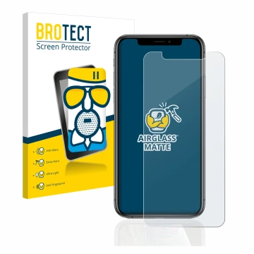 Front side of a product packaging with the brand logo BROTECT. Next to it is the device Apple iPhone Xs shown with the corresp