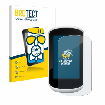 Front side of a product packaging with the brand logo BROTECT. Next to it is the device Garmin Edge Explore 2018 shown with th