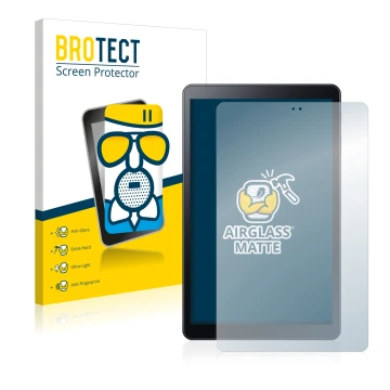 Front side of a product packaging with the brand logo BROTECT. Next to it is the device Samsung Galaxy Tab A 10.5 2018 LTE sho