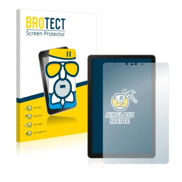 Front side of a product packaging with the brand logo BROTECT. Next to it is the device Samsung Galaxy Tab S4 10.5 shown with 