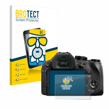 Front side of a product packaging with the brand logo BROTECT. Next to it is the device Panasonic Lumix DMC-FZ330 shown with t