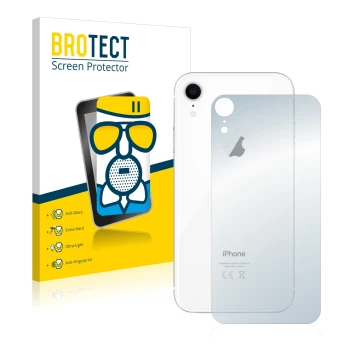 Front side of a product packaging with the brand logo BROTECT. Next to it is the device Apple iPhone XR (Back) shown with the 