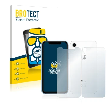 Front side of a product packaging with the brand logo BROTECT. Next to it is the device Apple iPhone XR (Front+Back) shown wit