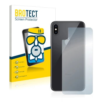 Front side of a product packaging with the brand logo BROTECT. Next to it is the device Apple iPhone Xs Max (Back) shown with 