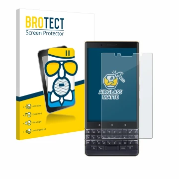 Front side of a product packaging with the brand logo BROTECT. Next to it is the device BlackBerry Key2 LE shown with the corr